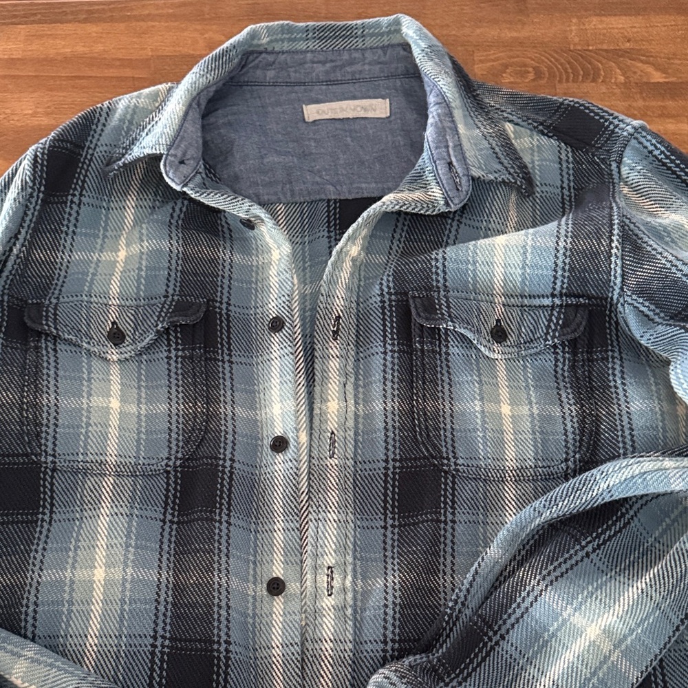 Outerknown Light Blue and Black Plaid Shirt - Picture 1 of 5